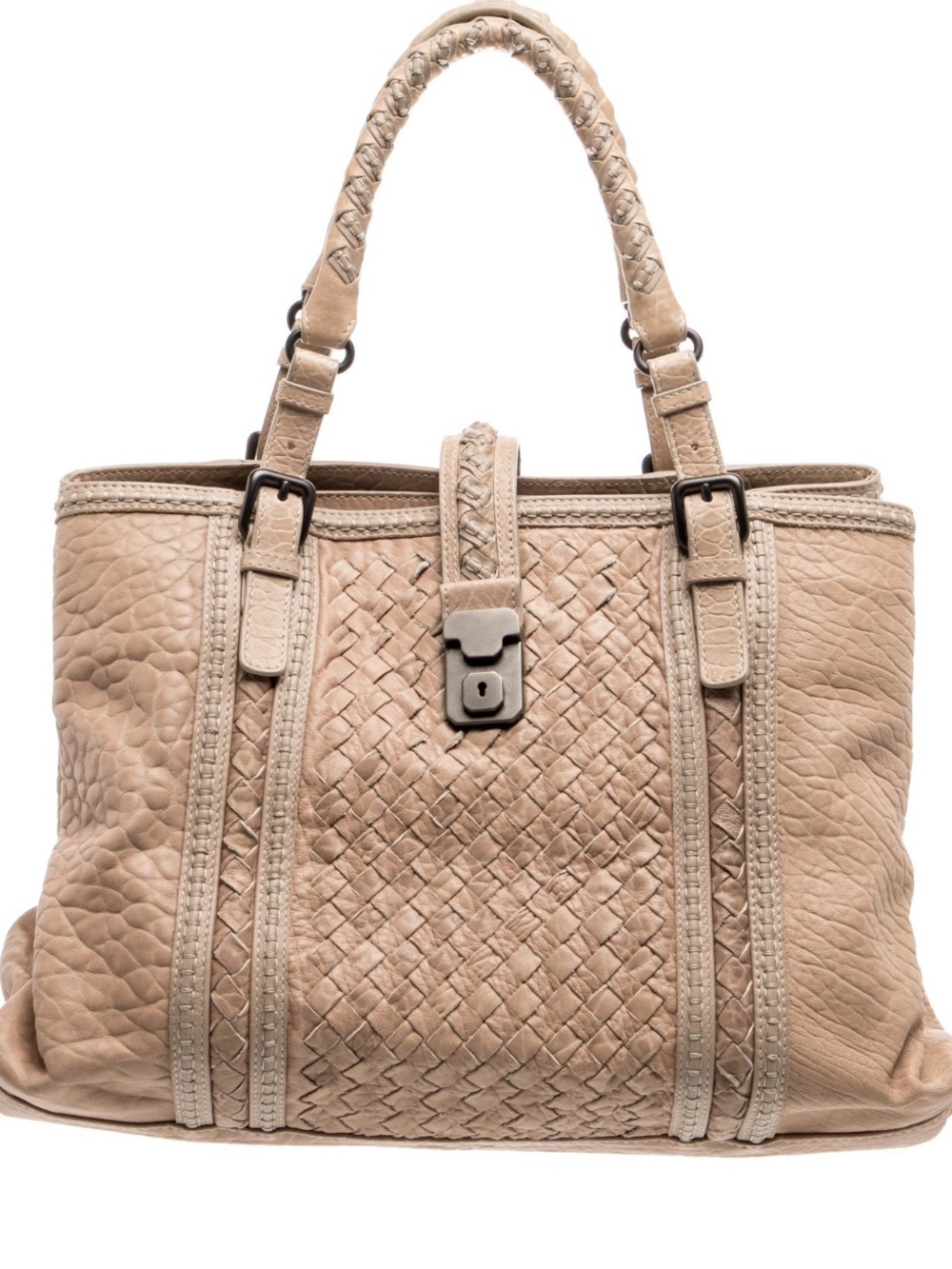 Authentic Bottega Veneta Intrecciato Roma Leather Neutral Top Handle Bag